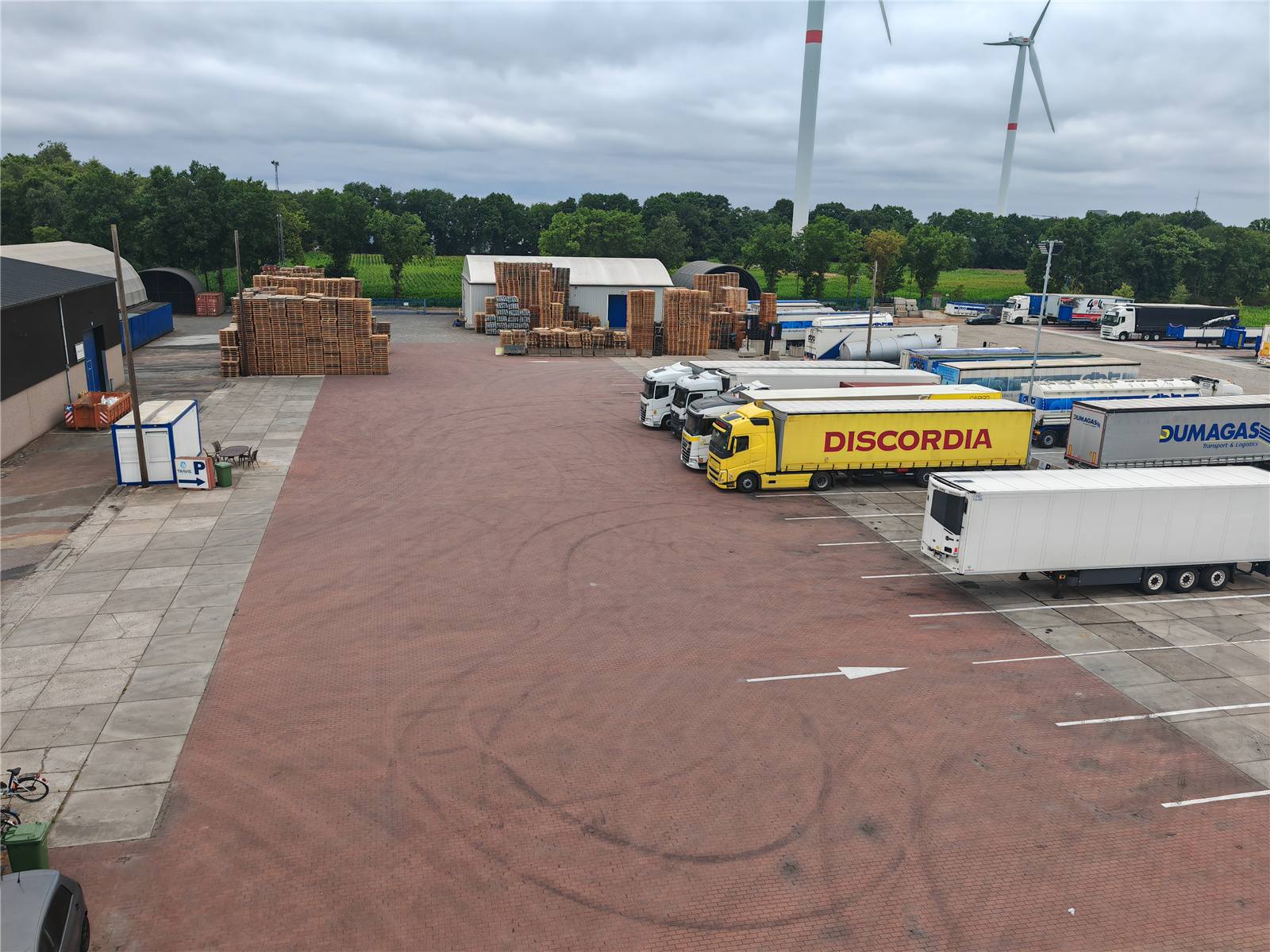 Parking area with parked trailers